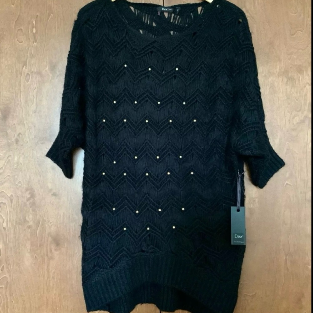 Dex Black Crochet Open Knit Tunic Sweater Gold Studs Whimsigoth Dark Fairy Goth